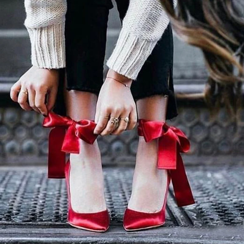

2018 Fancy Female Pointed Toe Satin High Heels 10CM Sexy Women Shoes Black Red Sweet Dress Shoes Ankle Strappy Wedding Shoes Hot