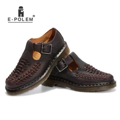 

Summer New Arrival Soft Genuine Cow Leather Men Ankle Boots Weave Pattern Boots Red-Brown Flats Boots With Buckle Strap