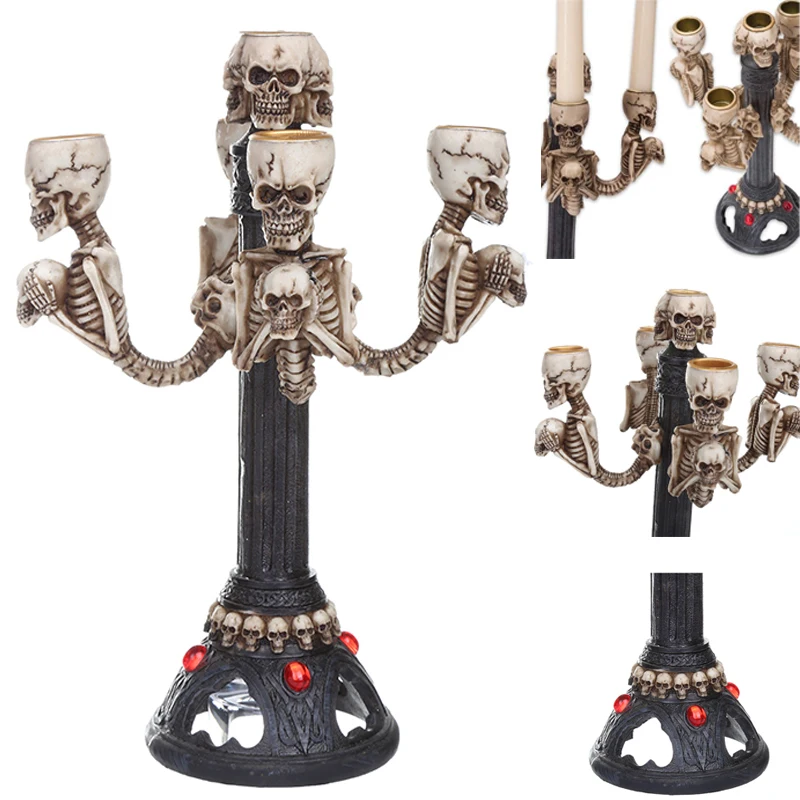 

Gothic Sculptures Halloween Resin Skull Candle Stick Statue Halloween Horror Skull Ornament Modern Creative Home Decoration