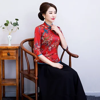 

Red Vintage Chinese Shirt Skirt Sets Women Polyester Three Quarter Sleeve Blouse Mandarin Collar Clothing Summer S-4XL