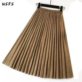 

Autumn Winter Pleated Skirt Brown Khaki Pink High Elastic Waisted Long Organ Skirts Womens Casual Ladies Midi Skirt Jupe Femme