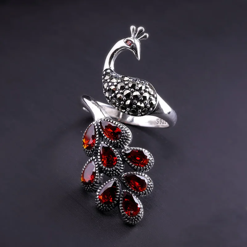 Genuine Solid Sterling Silver Peacock Ring 925 Wedding Womens Jewellery With Red Garnet Natural Stone Adjustable Fine Jewelry