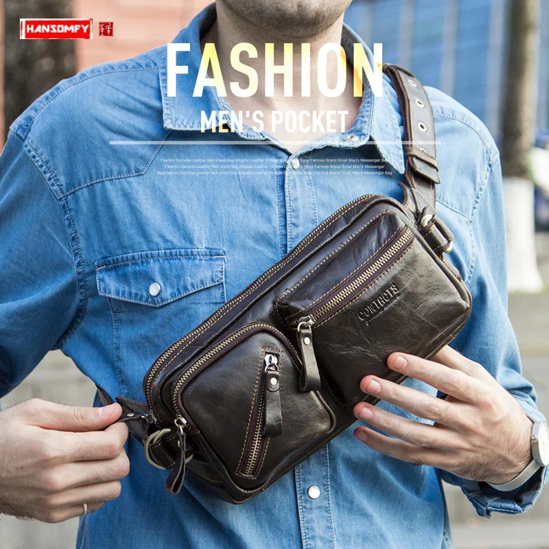 

The first layer of leather multi-function men's pockets genuine leather shoulder Messenger bag retro male travel Chest bags