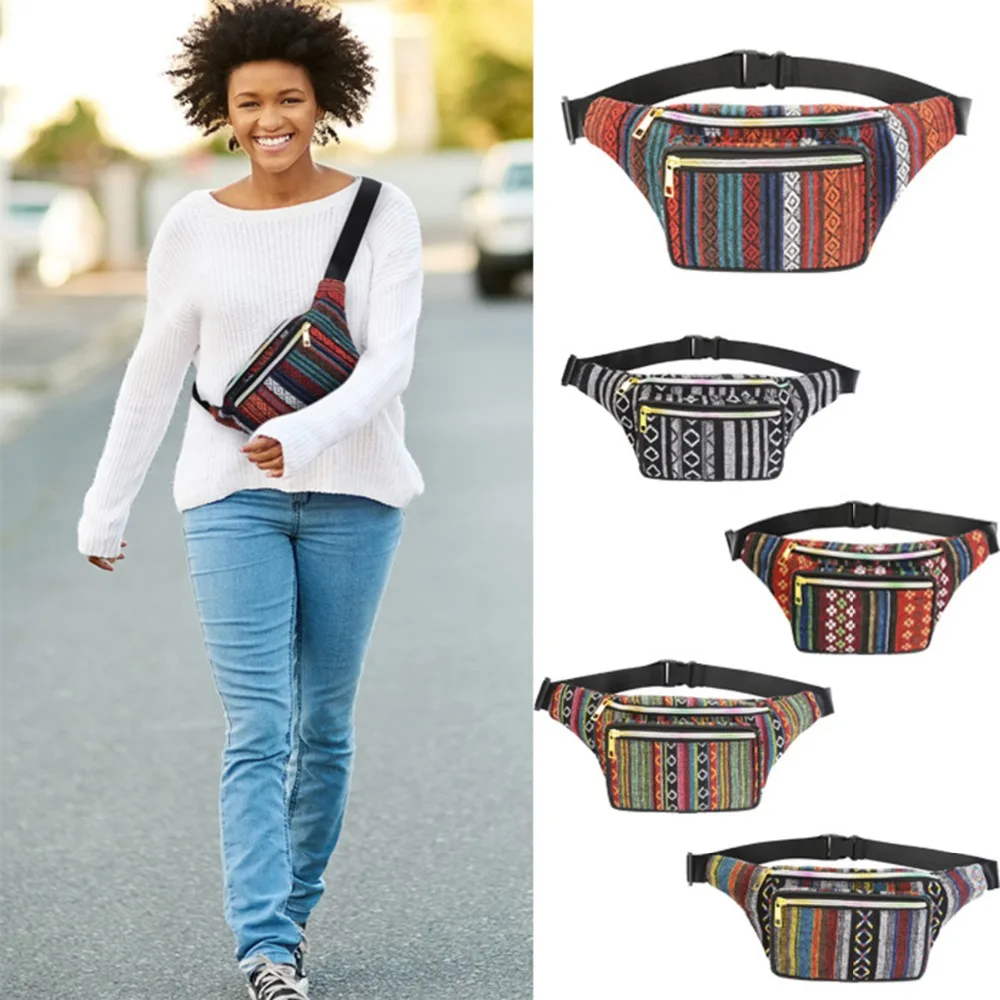 

Bohemian Men Female Casual Functional Fanny Pack Waist Bag Money Phone Belt Pouch Belt Bag With 3 Zipper Large Capacity Bags