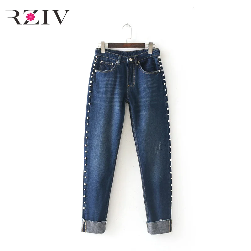 RZIV winter jeans woman boyfriend beading decoration solid color mom jeans denim pants