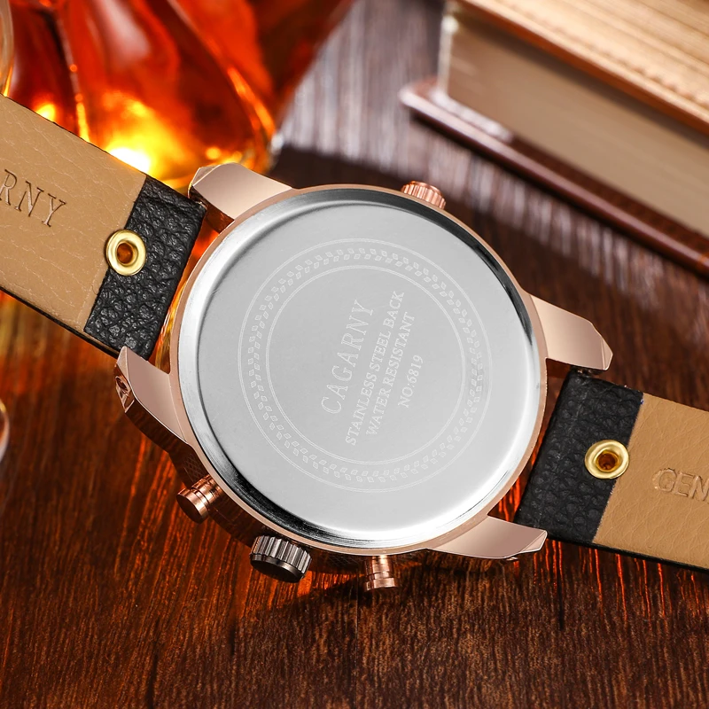 top luxury brand cagarny dz military watch for men rose gold case leather strap men's quartz watches free shipping (3)