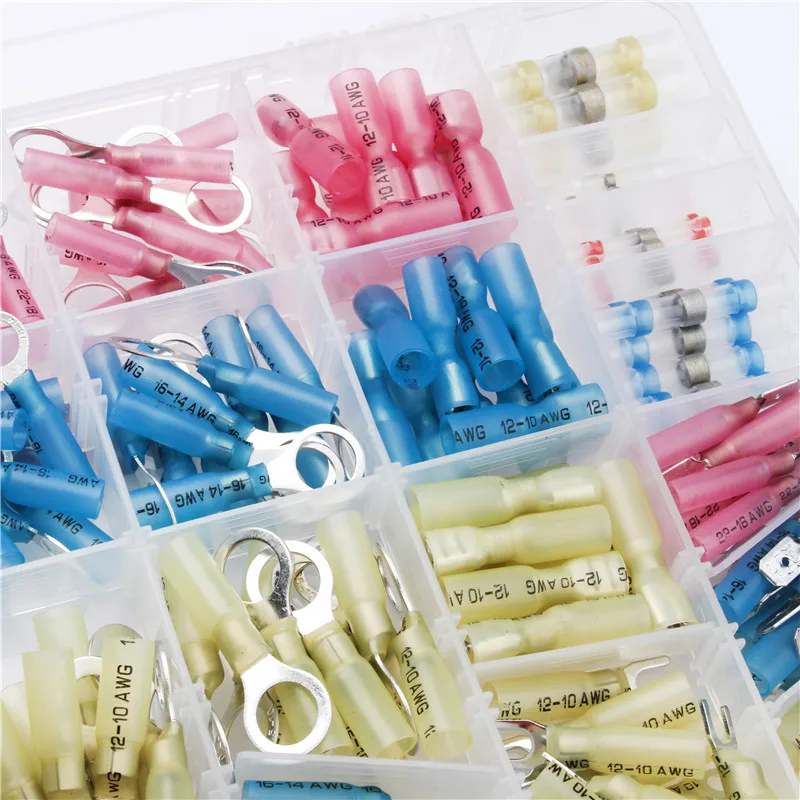 

260Pcs 3 Colors Ring Fork Spade Splice Heat Shrink Assorted Butt Connectors Insulated 22-10AWG Guang Crimp Terminal Kit