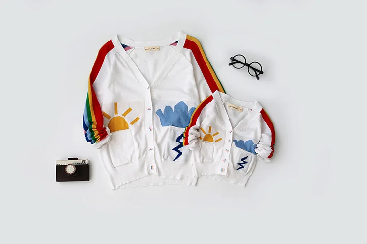 Family mother and girl daughter Parent-child Outfit Knitted Jacket Vest dress White sun shirt black dress