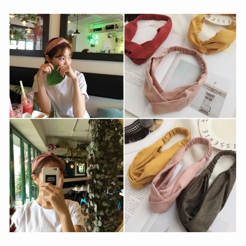 

Summer ladies headband suede art pure color cross headband bangs wide side yoga sports face scarf elastic cross hair style