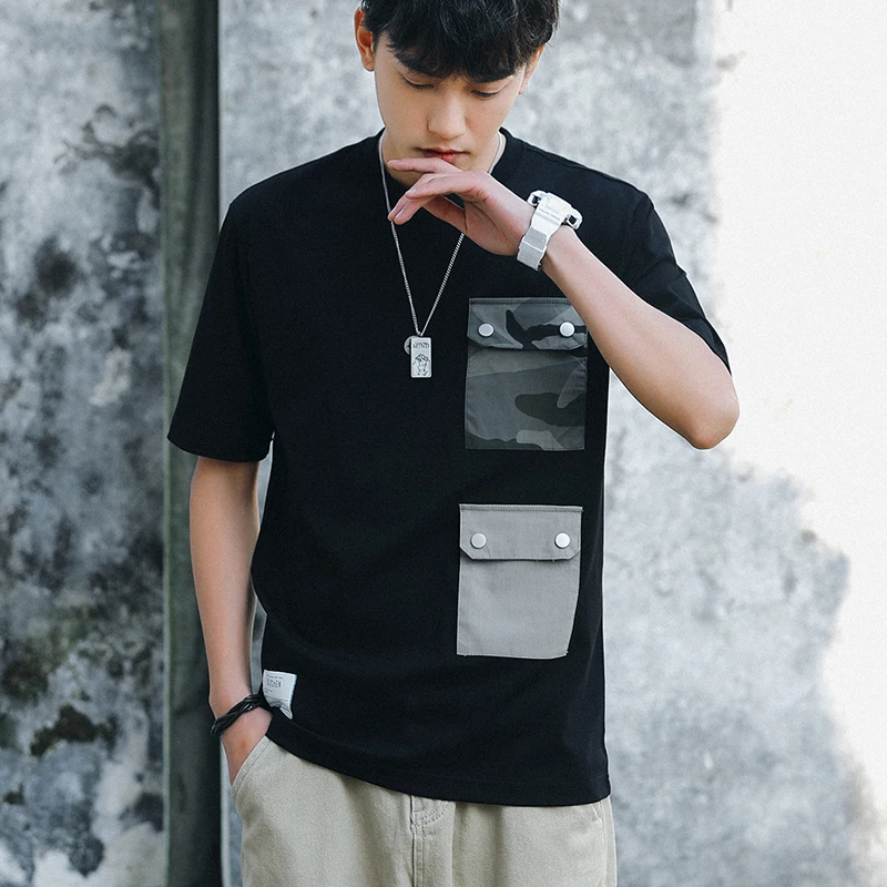 

Safari Style Male T-Shirt Patchwork Pocket Men's T-Shirts Large Sizes O-Neck Black Green Man's Short-Sleeved T-Shirt