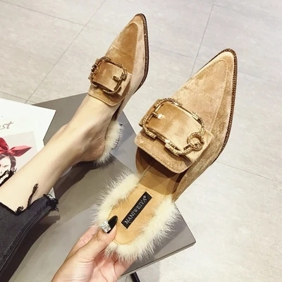 

Women's shoes 2018 fashion new Korean rhinestone metal buckle wild pointed thick with female shoes mink fur retro sexy