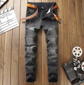 

Black Biker Jeans Men's Ripped Straight Distressed Stretch Denim Pants Trousers #7122