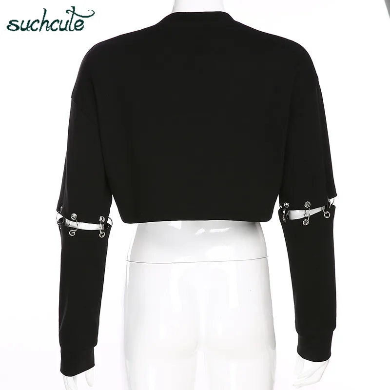  SUCHCUTE Female T-Shirt Metal Chain Patchwork 2019 Summer Gothic Modis Harajuku Korean Party Club T