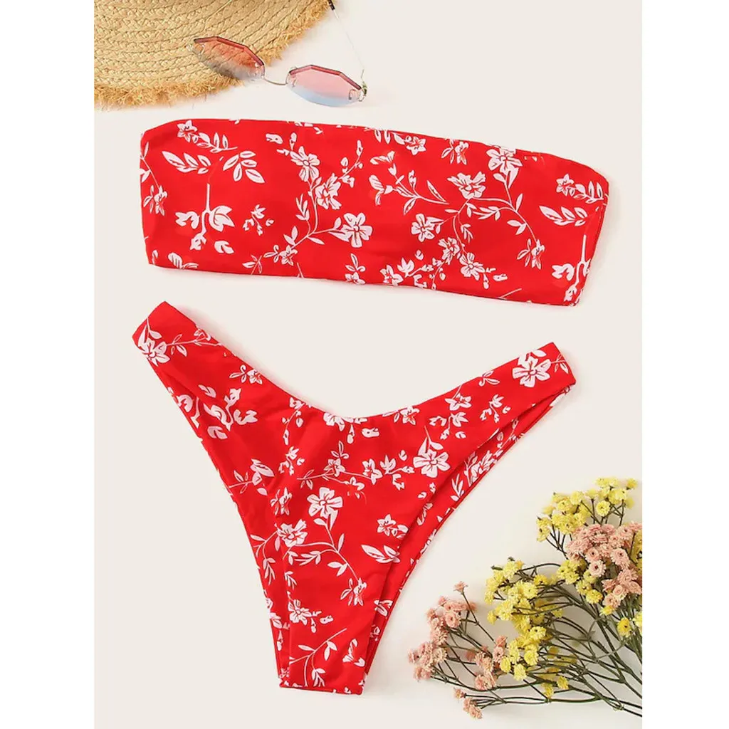 

CHAMSGEND Women Bikini Tube Top Flower Sexy Red Band Print Matching Beach Swimwear Summer 2019 New Fashion Two-piece Swimsuit