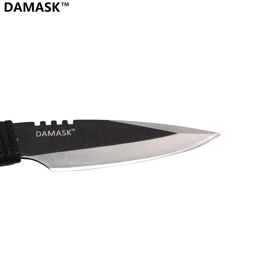 Black Stainless Steel Top Knife Fixed Blade Ourdoor Survival Knife Serrated Edge Rope Handle Knife Tactical Adventure Knife