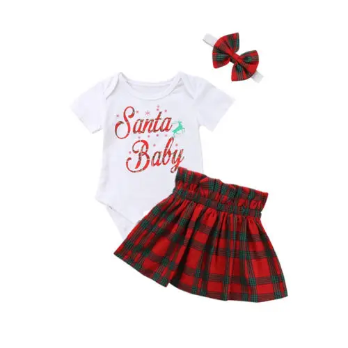 

XMAS Infant Baby Girls Tops Short Sleeves Romper SANTA BABY+Skirts Plaid Red Outfits Summer Christmas Set Clothes