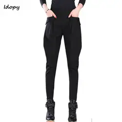 Idopy Модные женские черные дамские шаровары карманы свободный крой высокая Талия Основные милые мотобрюки для женщин плюс размеры