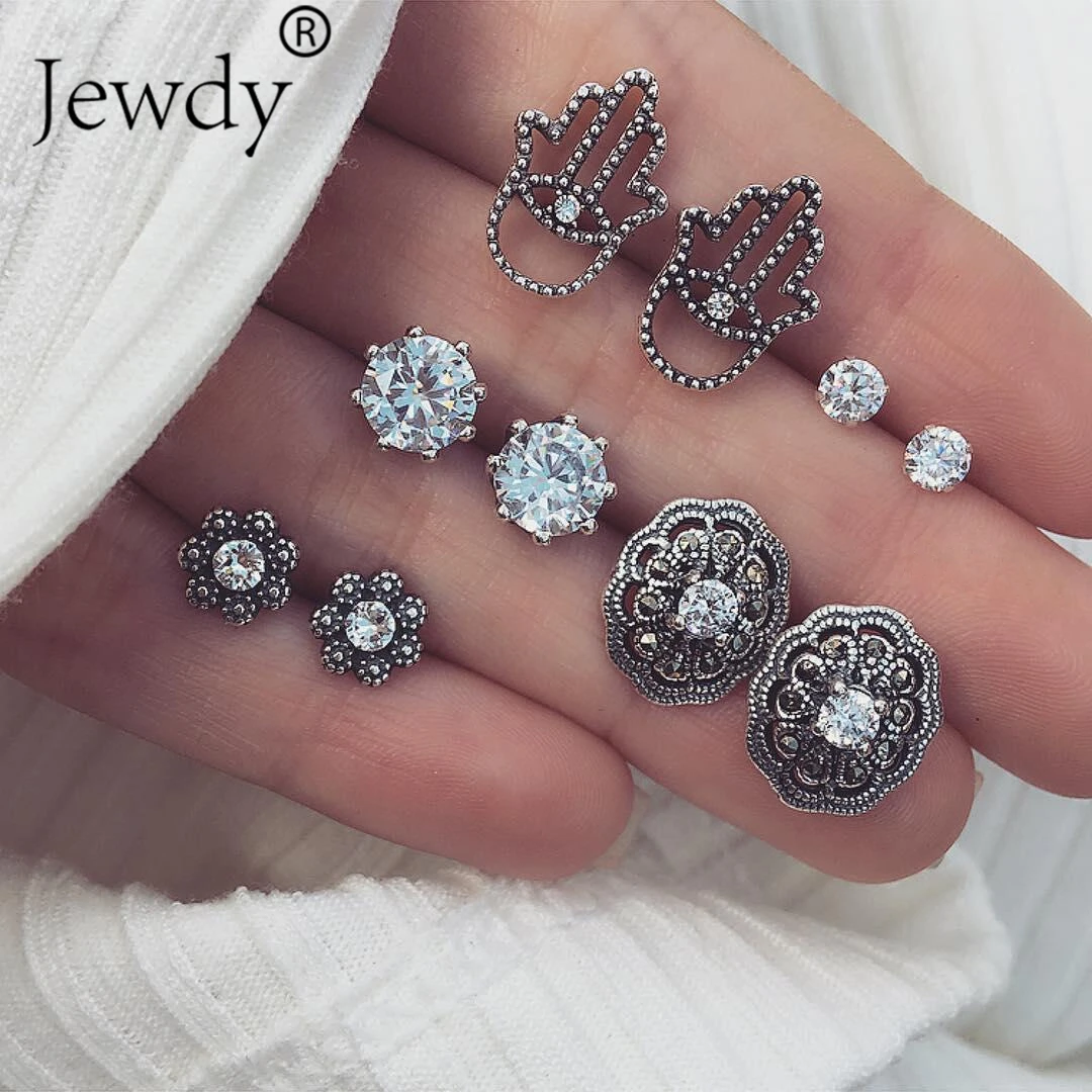 

5 Pairs/Set Fatima Hamsa Crystal Earring Stud Earrings for Women Boucle D'oreille Jewelry Dazzling Cubic Zircon Bohemian Brincos