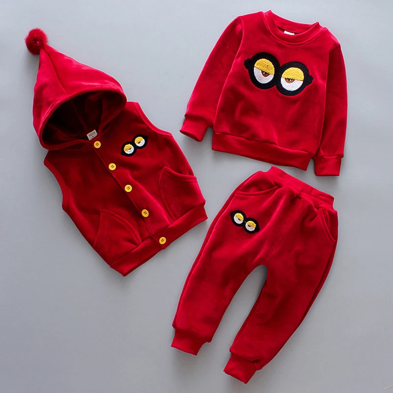 

3Pcs Kids Boys Girls Clothing Set Cartoon Casual Boy's Velvet Suit Girl's Fall Coats Winter Sets Hooded Vest+Hoodies+Pants JF286