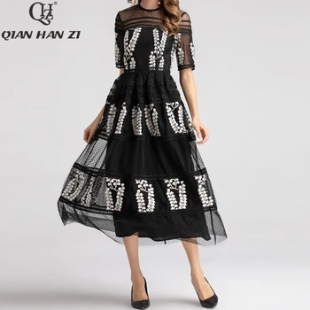 

Qian Han Zi Summer Designer Fashion Runway Maxi dress Women's Short Sleeve Mesh Embroidered Patchwork Lace Hollow Out long Dress