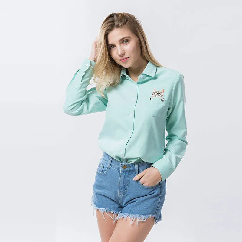 2018 Cat Embroidery Long Sleeve Women Blouses And Shirts White Blue Female Ladies Casual Shirt Tops Plus Size Blusas Blouse