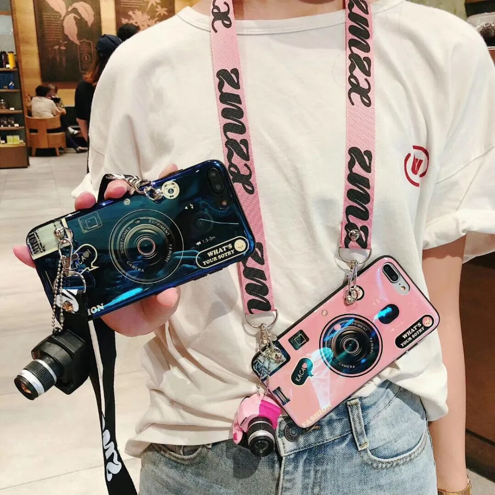 

For iPhone XR Phone Case Luxury 3D Camera Blue Ray Phone Cover For iPhone XR XS max 6 6S 7 8 Plus Cases With Lanyard
