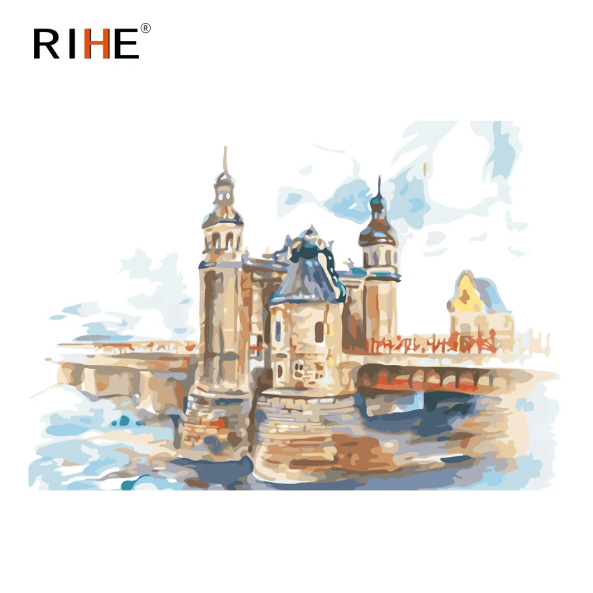 RIHE Bridge Castle Diy Краска для рисования по номерам Масляная на холсте Ручная ed River Cuadros