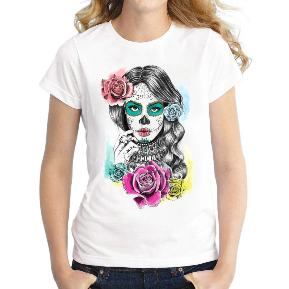 

2018 New Arrivals Women Aaliyah Day of the Dead T-Shirt Short Sleeve Flower Skull Printed T Shirt Novelty Cool Tee Shirts Tops