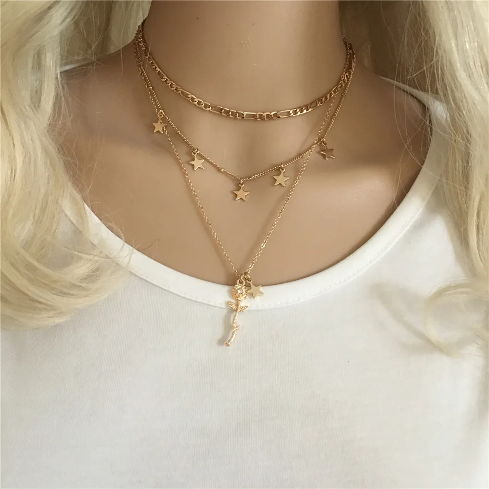 

Gold color rose pendant with Rose Star Charm Layered Necklace for women Girl Fashion jewerly Dainty