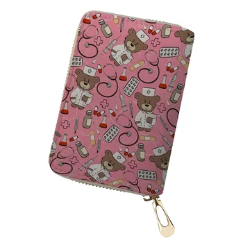 

Nurse Bear Credit Card Holder Cute Pink Cover Case Cardholder For Girls Pu Leather Zipper Wallet Small Purse 18 Slots