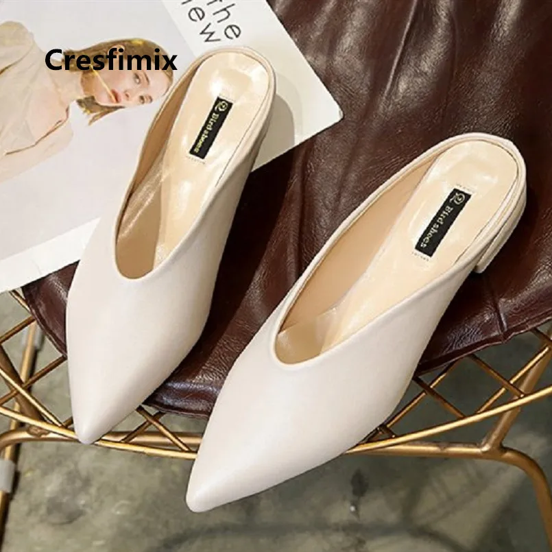 Cresfimix women cute black pointed toe flat shoes lady casual slip on beige pu leather flats cool shoes zapatos de mujer a3709