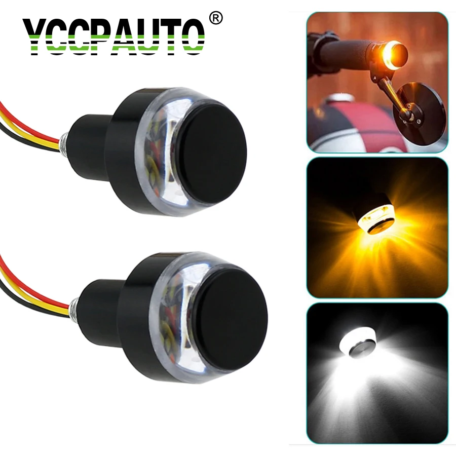 

YCCPAUTO Motorcycle Handlebar LED Turn Signal Light White Amber Dual Color Handle Bar Side Marker Indicate Lamp Grip Plug 2PCS