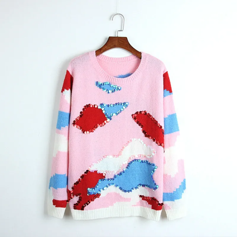 

New Women Sweaters Loose Sequins Ice Cream Shaped 2018 Autumn Winter High Street Pullover Personality Top Cute Pink Green Jumper