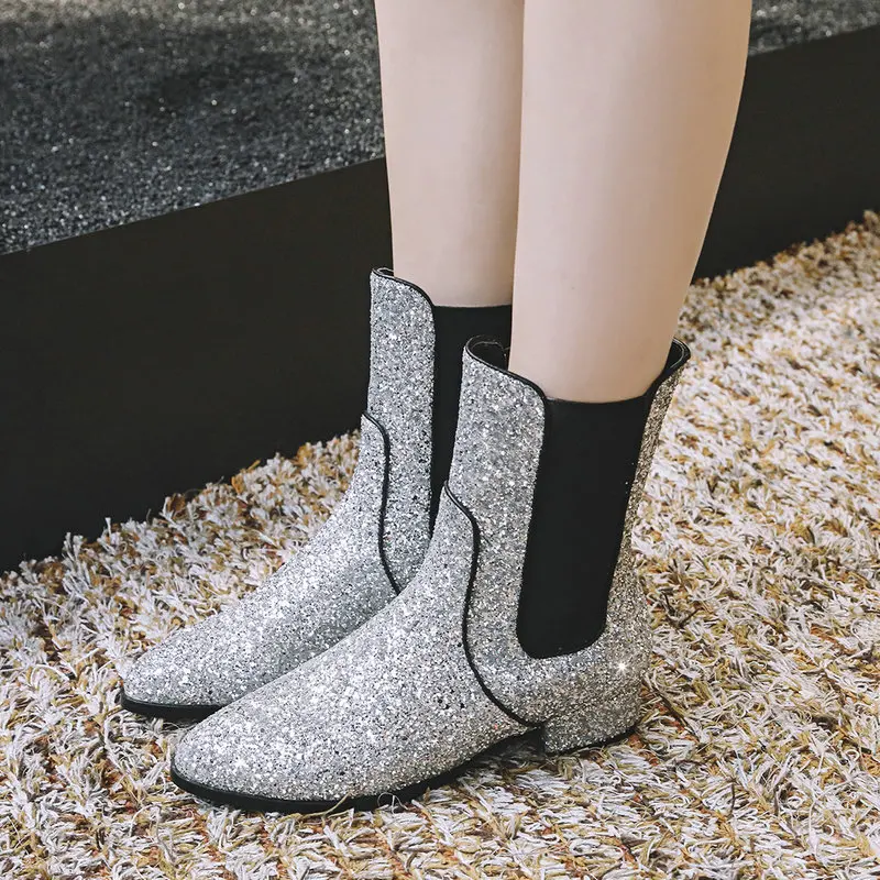 

Women Boots Fashion Shining Sequined Cloth Ankle Boots comfy Low Heel Chelsea Boots Round Autumn Winter Woman Shoes 2018