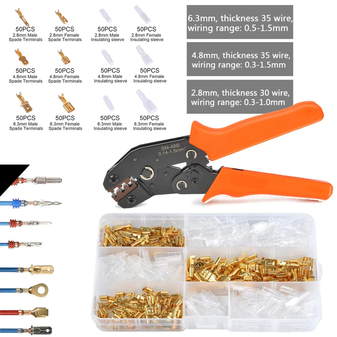 

1pc Ferrule Crimping Pliers 22-16AWG 0.5-1.5mm2 + 300pcs 2.8 / 3.96 / 4.8 / 5.08 / 6.3mm Spade Terminals Connectors Set