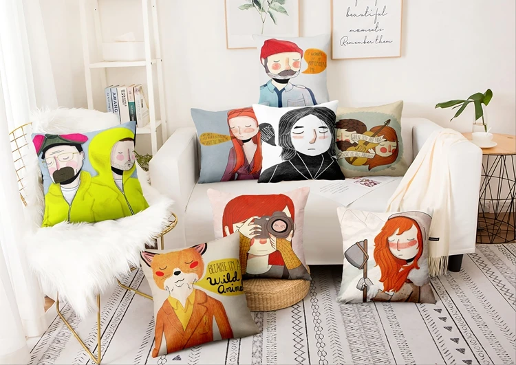 Simple Cartoon Illustration Printed Pillowcase Home Pillow Decoration Scandinavian Art Cushions Home Decor Sofa Throw Pillow