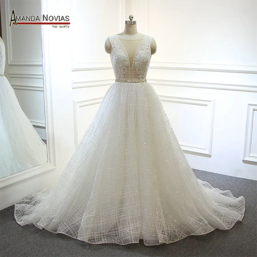 Amanda Novias а силуэта с рукавом крылышком Кружевная аппликация жемчугом блестящее
