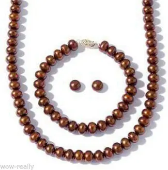 

Hot sale new Style >>>>7-8MM Cultured Freshwater Brown Pearl Necklace Bracelet Stud Earring Jewel Set