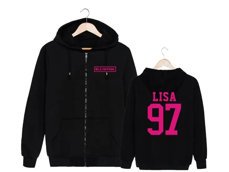 Kpop blackpink اسم عضو الطباعة قلنسوة بسحاب سترة الخريف الشتاء jennie ليزا نفس البلوز