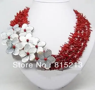 

FREE SHIPPING>@@> N107 Charming !!! natural red coral shell flower necklace