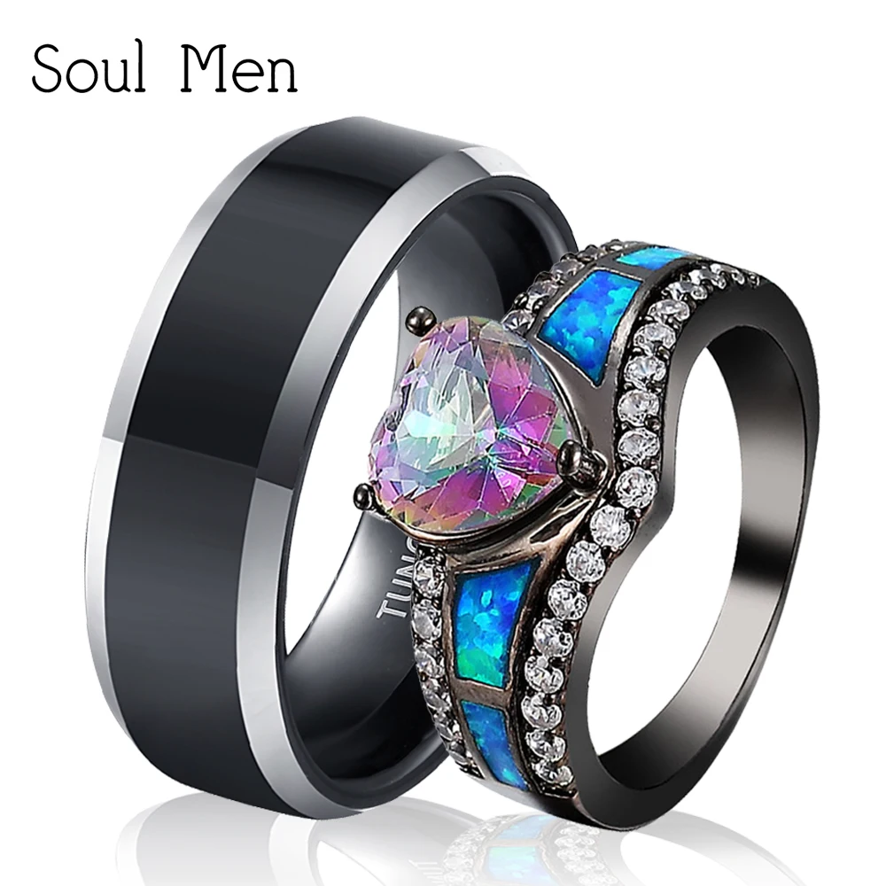 Soul Men 1 Pair Black Wedding Rings Set 8mm Simple for Men Charm Multicolor Heart CZ Blue Opal Rings For Women Birthstone Ring