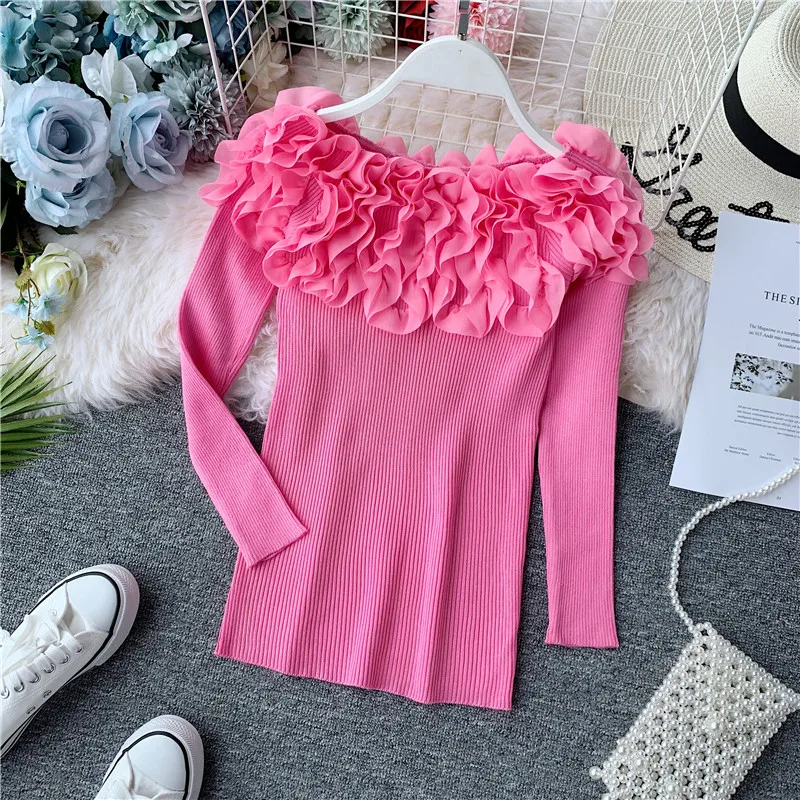 

Amolapha Women Soild 3D Ruffles Slash Neck Knit Jumper Tops Autumn Winter Knitted Pullover Sweaters