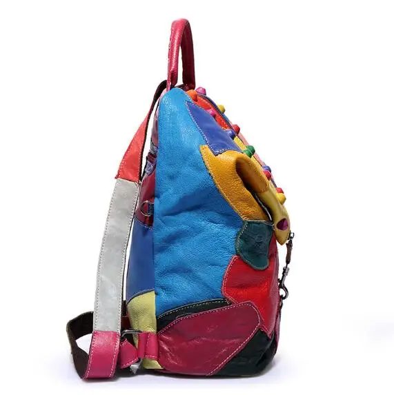 Leather Backpack Sheepskin Colorful Patchwork