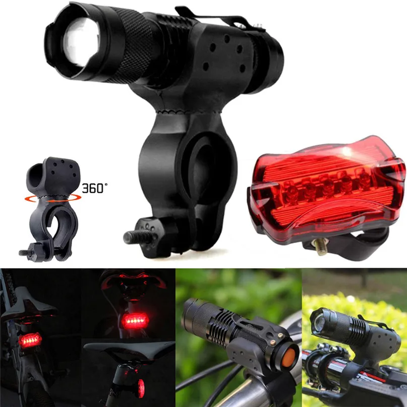 Q5 LED Cycling Bicycle Head Light Flashlight Torch 360 Degrees Mount Clip + 5LED Taillight Bicycle Light Set #2M23 (11)