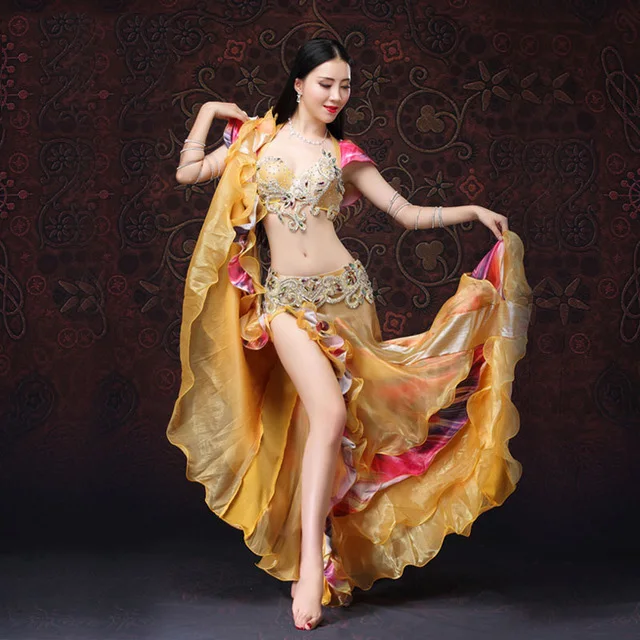 Костюм для восточных танцев золотой костюм для танца живота с пуш-ап бюстгальтером 3 штуки Бюстгальтер Пояс юбка - Цвет: Golden