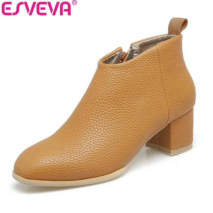 

ESVEVA 2018 Women Boots Square Toe British Style Ankle Boots PU Square Med Heel Zipper Ladies Autumn Spring Boots Big Size 34-43