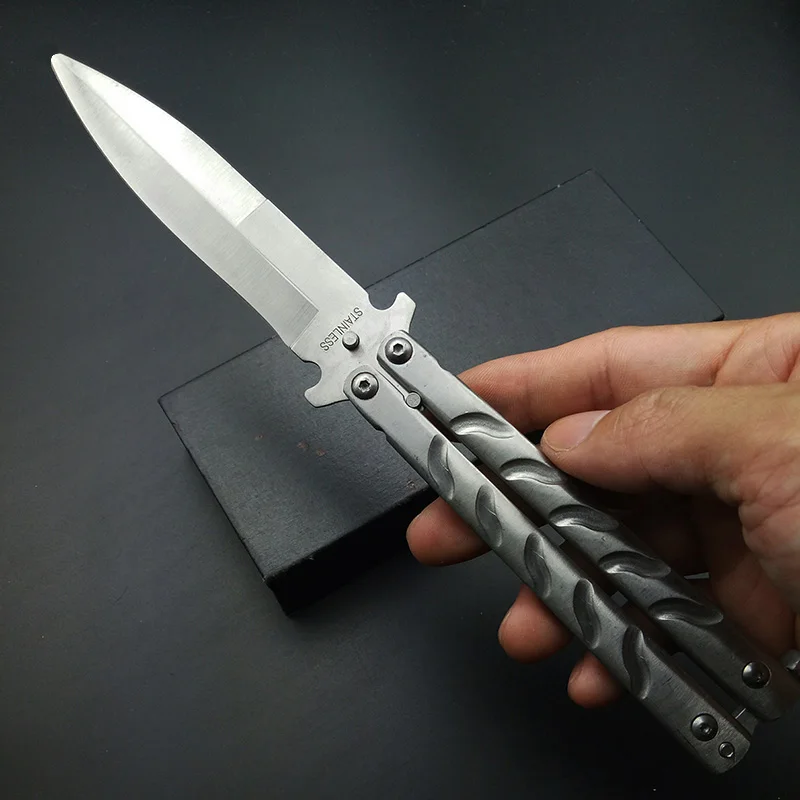 Tactical Practice BUTTERFLY in knives no Sharp Tools unsharp Knife Silver Titanium Stainless Steel Metal Bali song Gift Toys