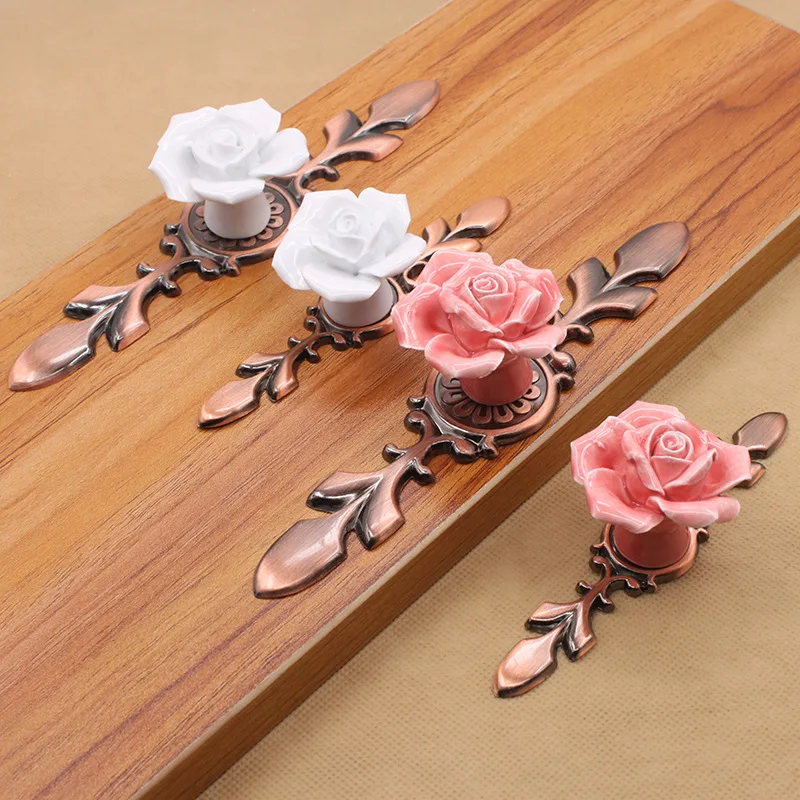 6," керамика цветок розы ручки шкафа цинковый сплав сельских шкаф ручки 1,6" Диаметр мода бронзовые ручки для мебели