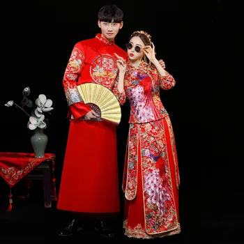 

Chinese traditional Bride clothing pratensis style wedding dress female dragon gown slim cheongsam couple red evening gown robe