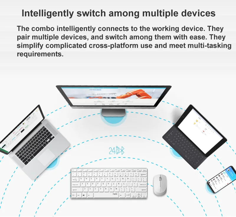 Rapoo Multi-mode Wireless Keyboard Switch Between Bluetooth& 2.4G Connect 3 Devices Silent Keypad Optical Mouse Set for Tablet